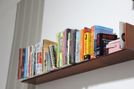 Shelve of books on a wall. 